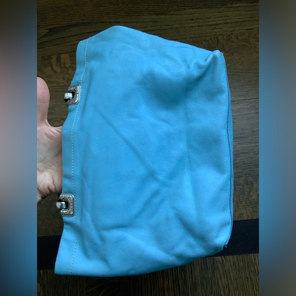 Vintage BRIGHTON Blue Smooth Leather Heart Stitched Small Tote Purse Romantic - Picture 15 of 16